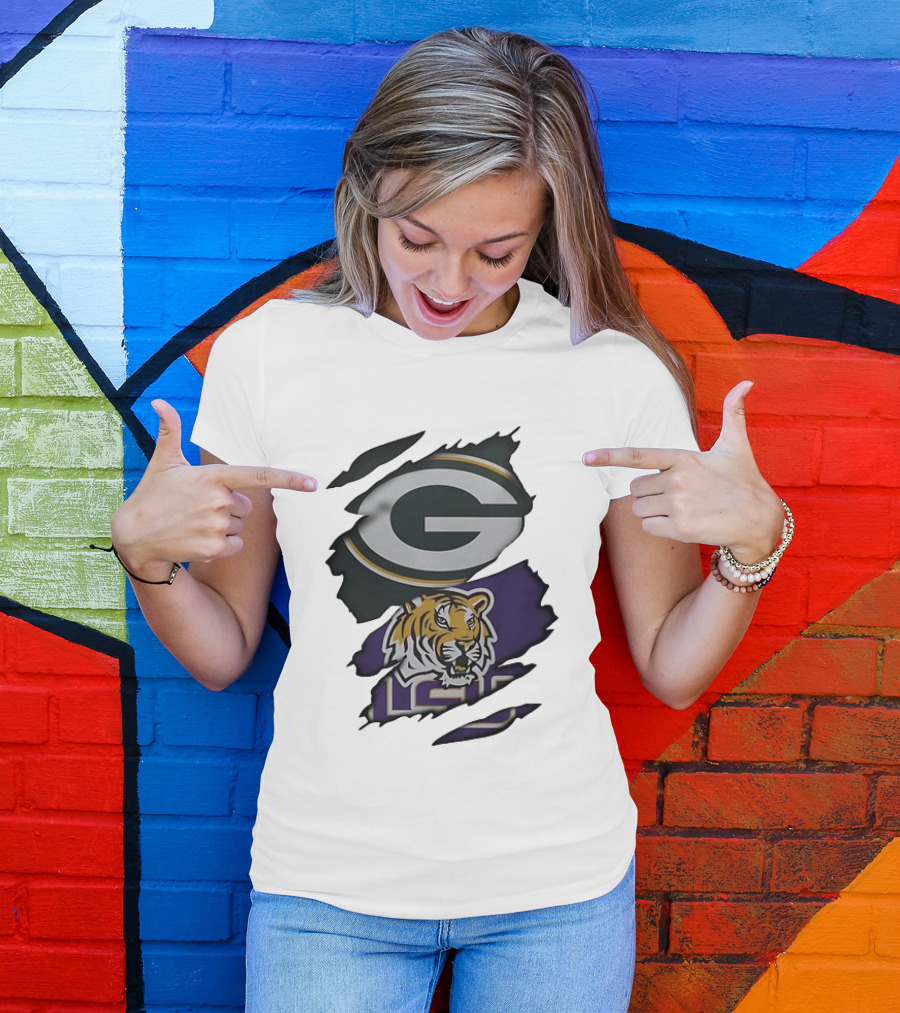 Green Bay Packers G Logo And LSU Tigers Purple And Gold Torn Fabric T-Shirt