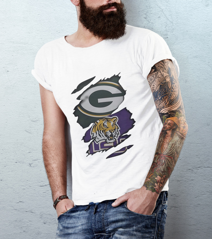 Green Bay Packers G Logo And LSU Tigers Purple And Gold Torn Fabric T-Shirt