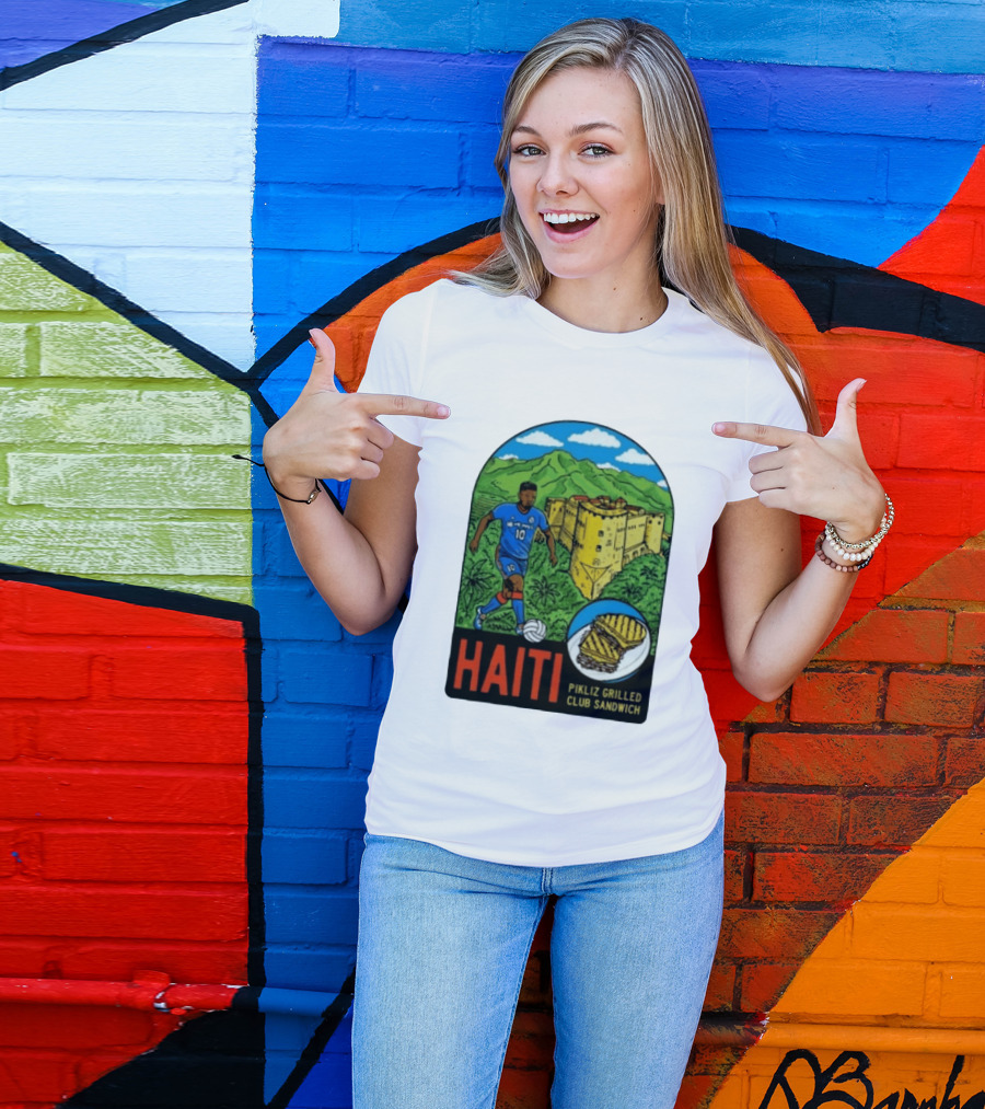 Haiti Soccer Player Pikliz Grilled Club Sandwich Historical Fortress Mountain Scene T-Shirt