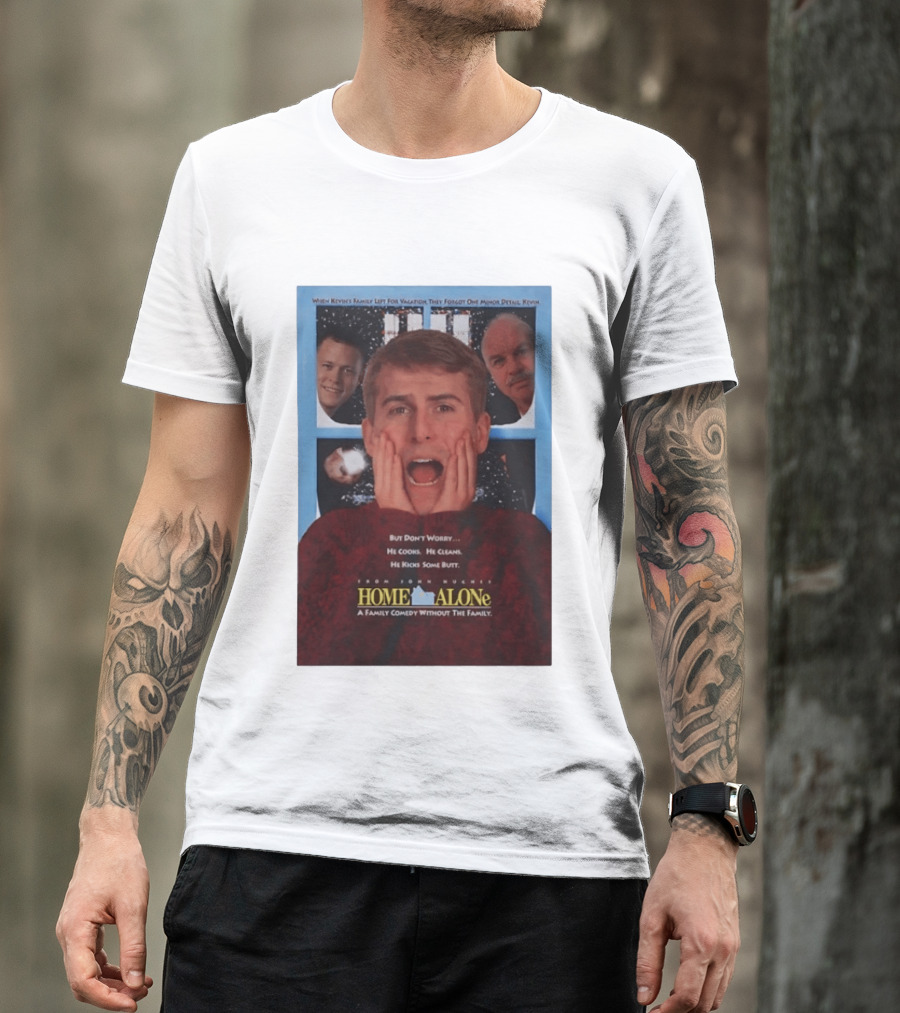 Home Alone But Don't Worry He Cooks He Cleans He Kicks Some Butt John Hughes Movie Kevin McCallister T-Shirt