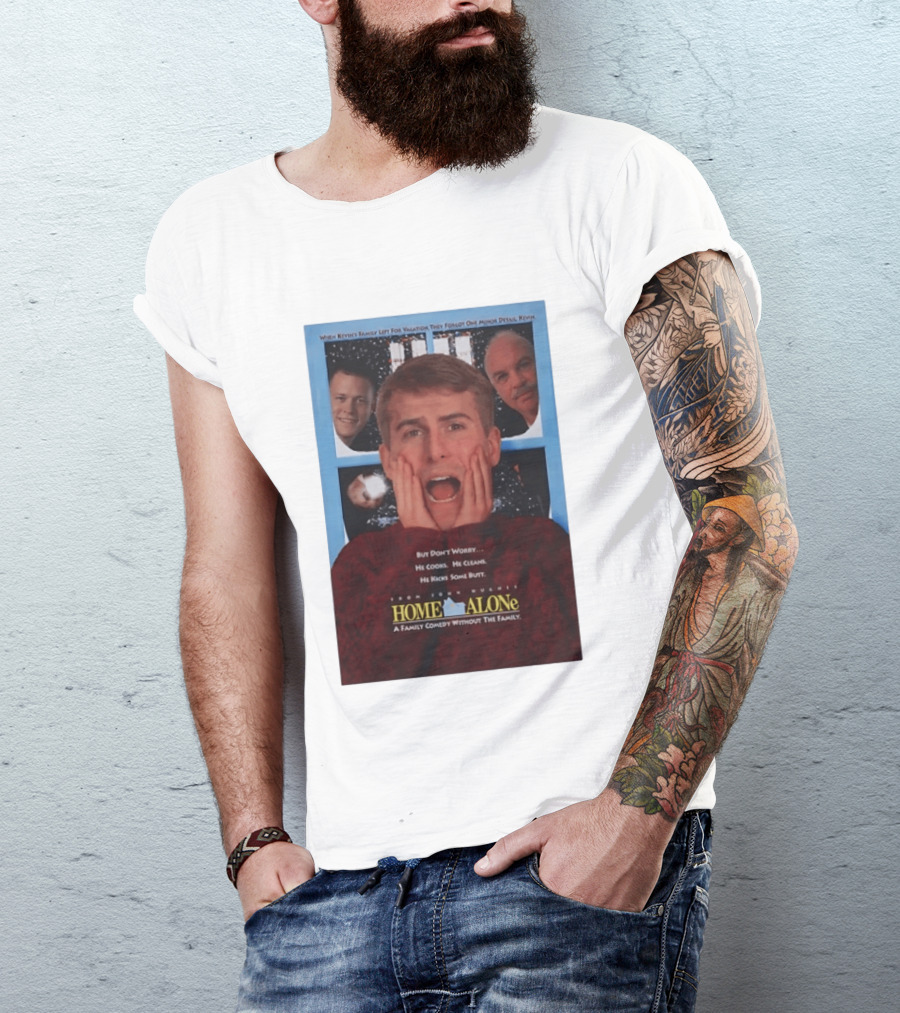 Home Alone But Don't Worry He Cooks He Cleans He Kicks Some Butt John Hughes Movie Kevin McCallister T-Shirt