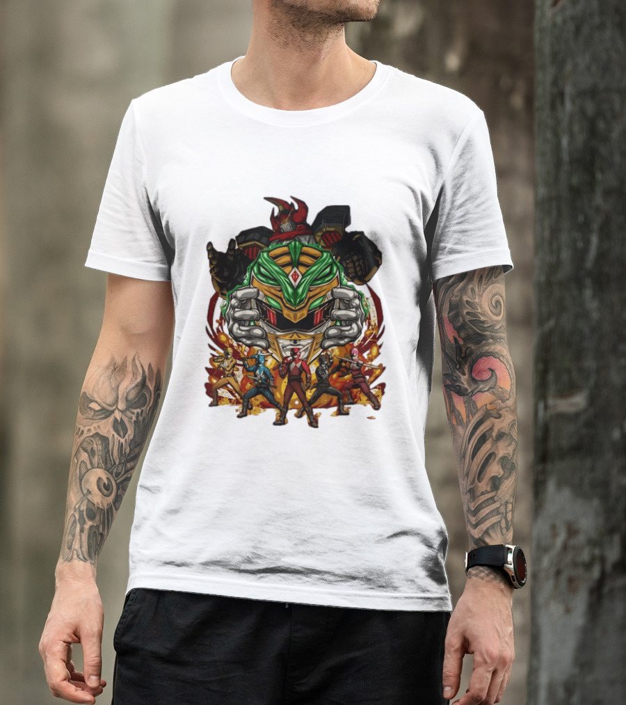 Mighty Morphin Power Rangers Green Ranger Dragonzord Helmet And Team Pose T-Shirt