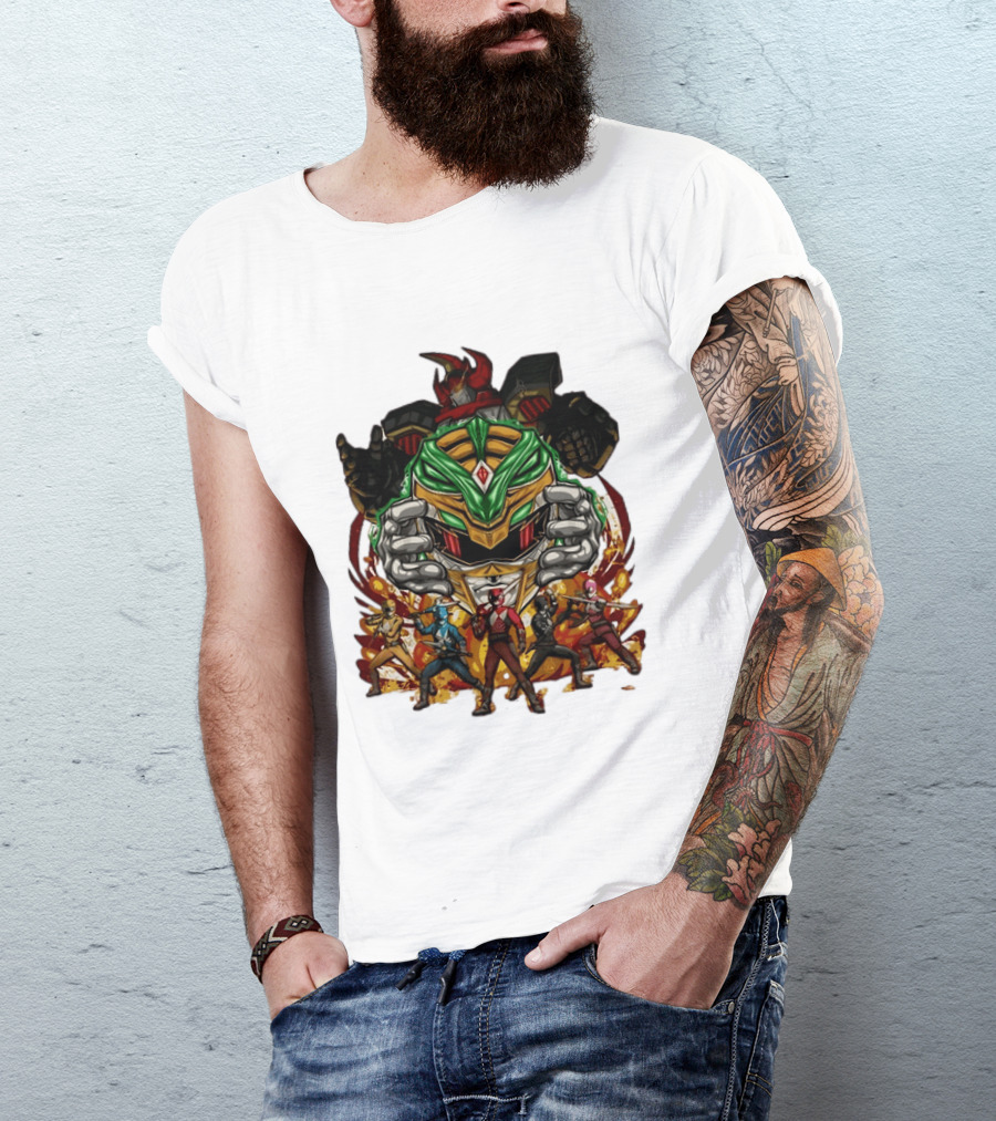 Mighty Morphin Power Rangers Green Ranger Dragonzord Helmet And Team Pose T-Shirt