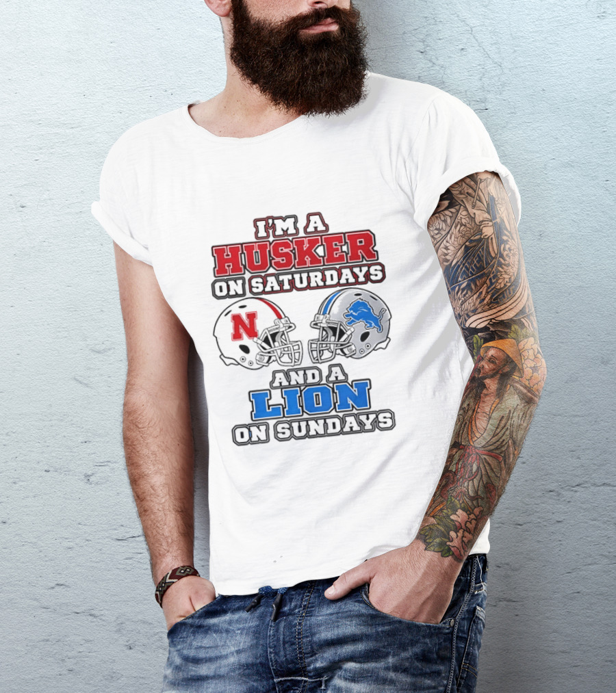 Husker On Saturdays And Lion On Sundays Football Helmets T-Shirt