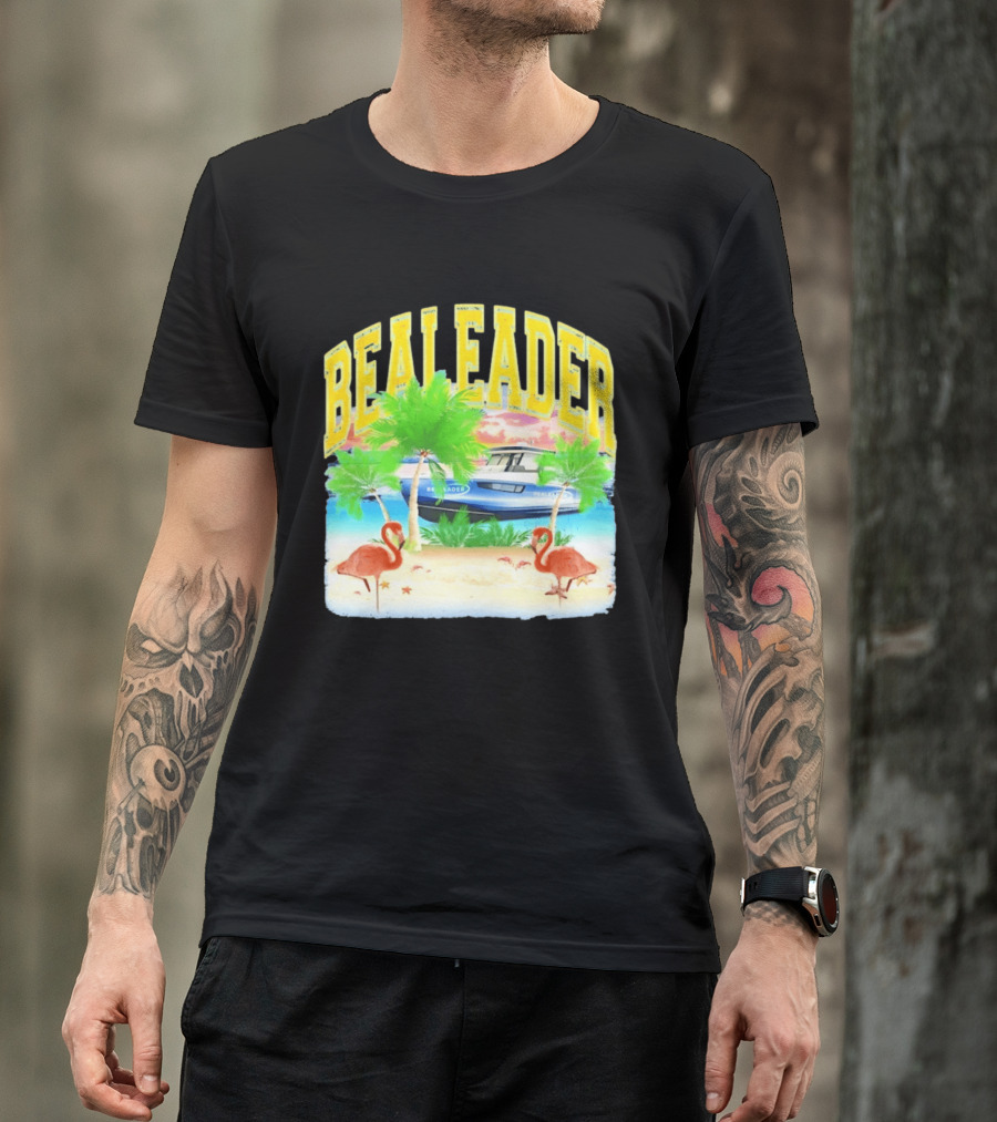 Bealeader Tropical Beach Scene With Palm Trees, Boat, And Flamingos T-Shirt