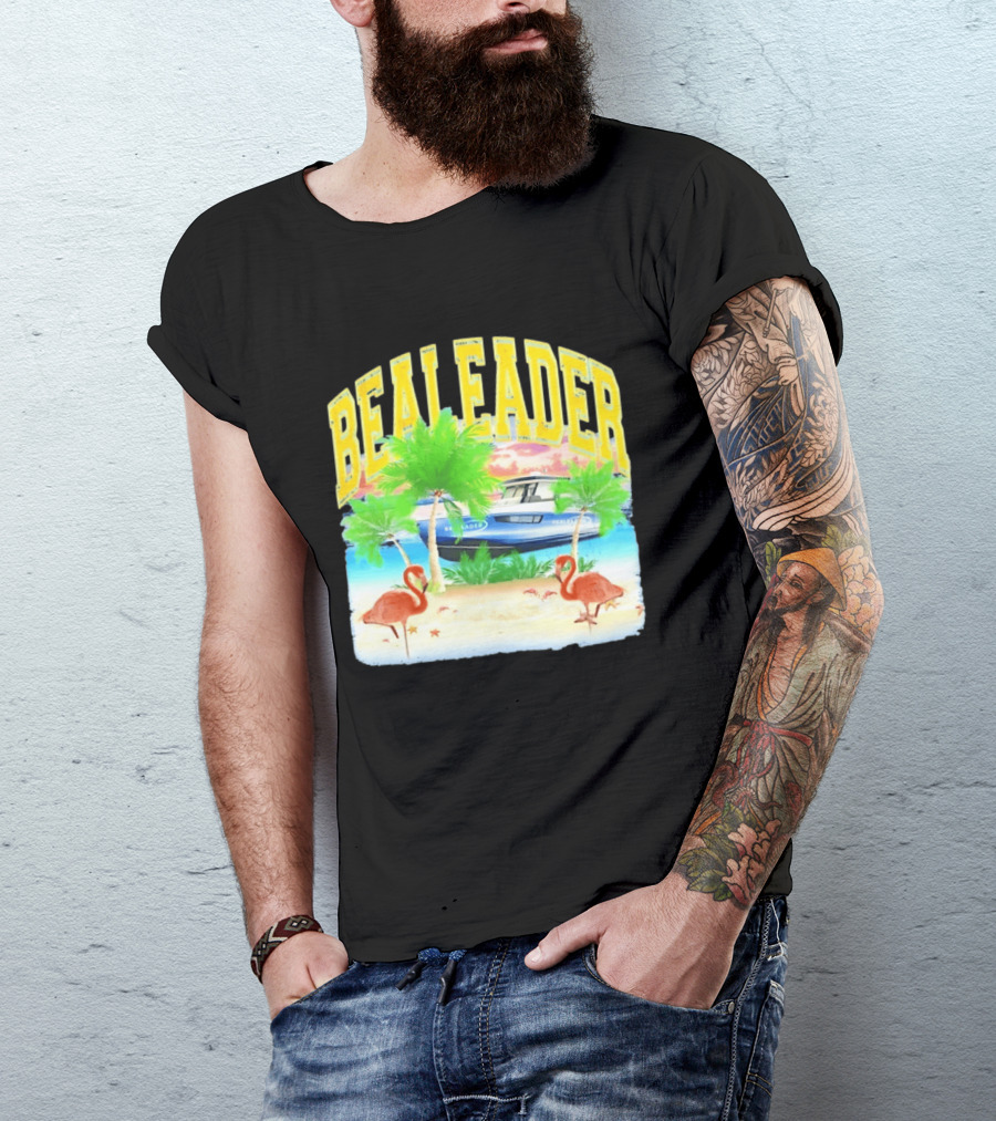 Bealeader Tropical Beach Scene With Palm Trees, Boat, And Flamingos T-Shirt