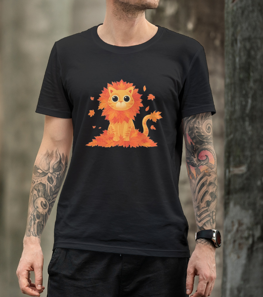 Cat With Autumn Leaves Mane Fall Lion Cozy Cute Kitty T-Shirt