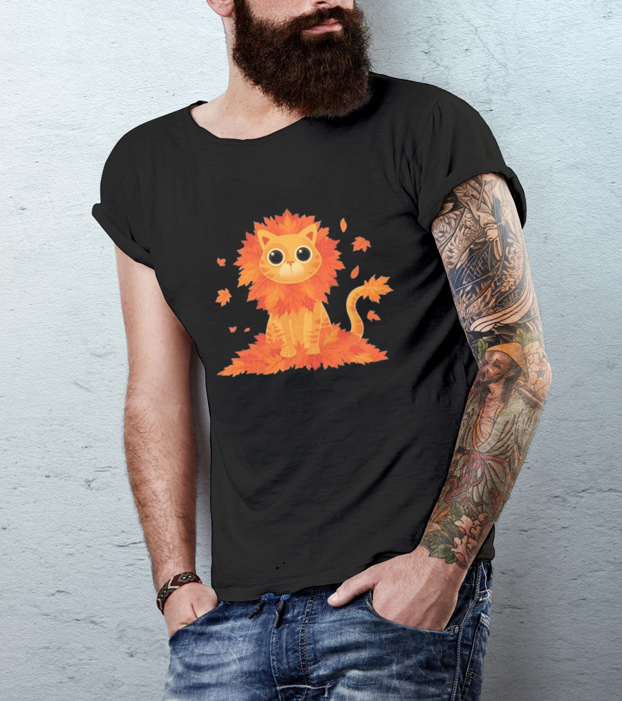 Cat With Autumn Leaves Mane Fall Lion Cozy Cute Kitty T-Shirt