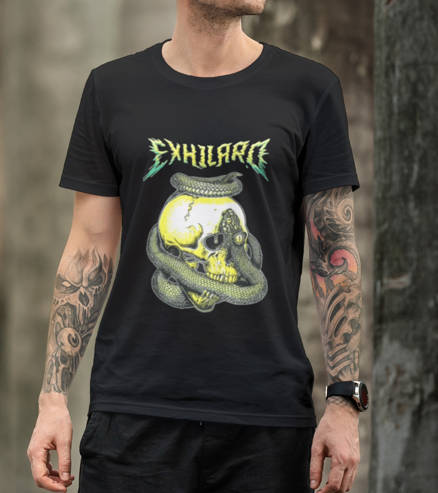 Exhilaro Venomous Serpent Coiled Around Yellow Human Skull T-Shirt