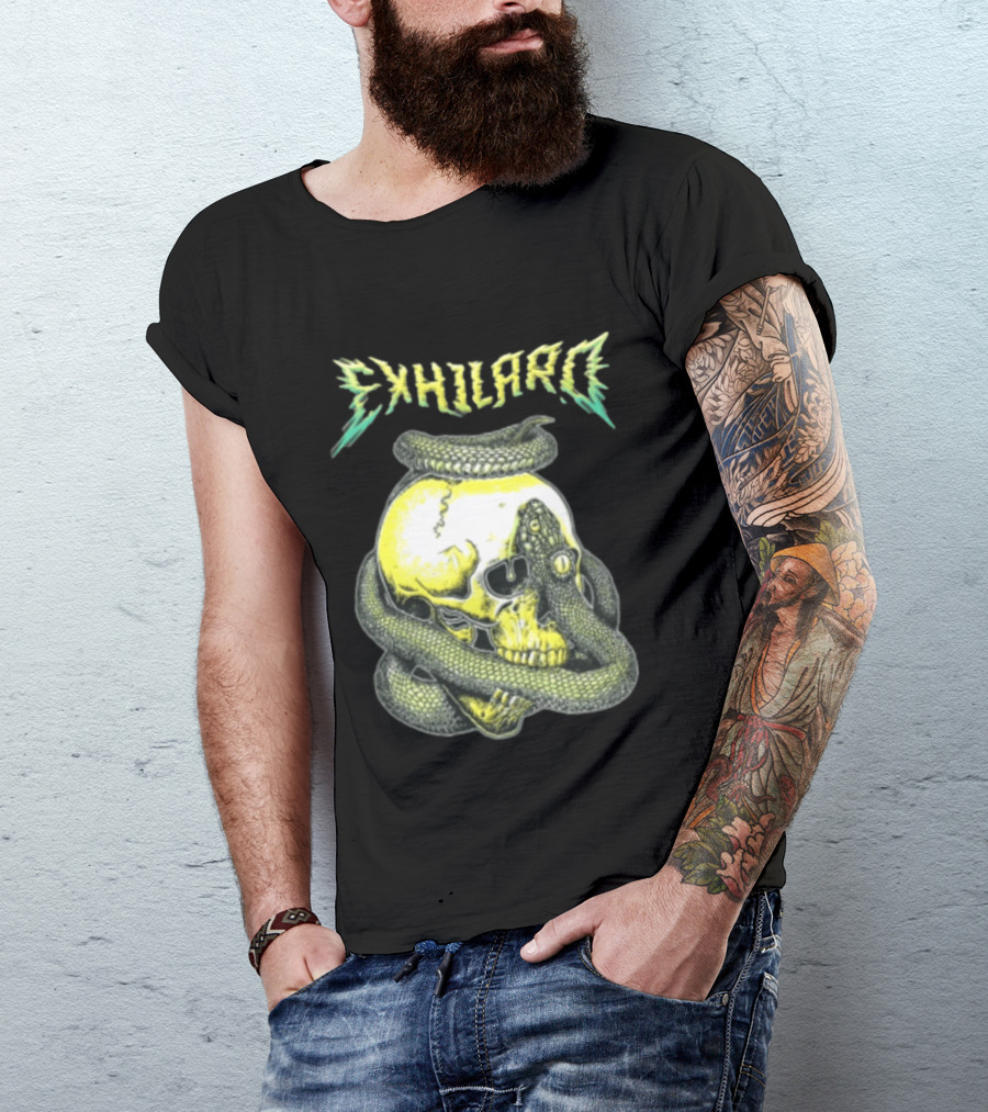 Exhilaro Venomous Serpent Coiled Around Yellow Human Skull T-Shirt