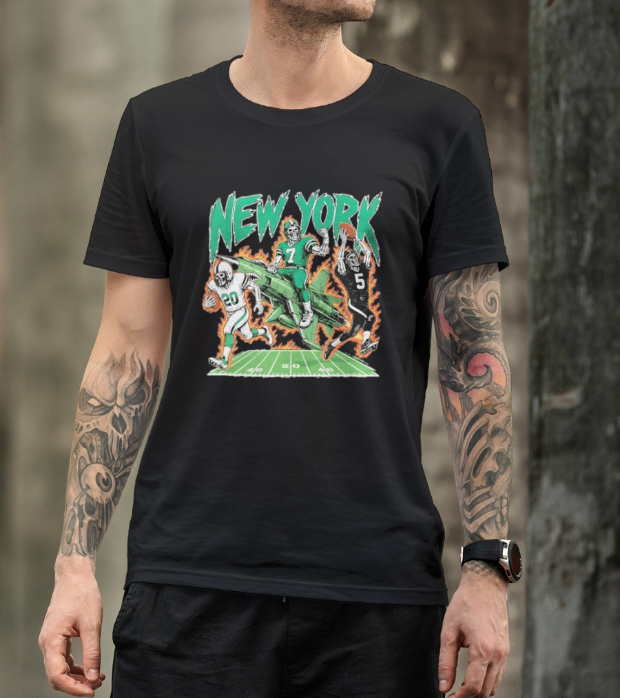 New York Jets Skeleton Football Players With Jet And Field T-Shirt