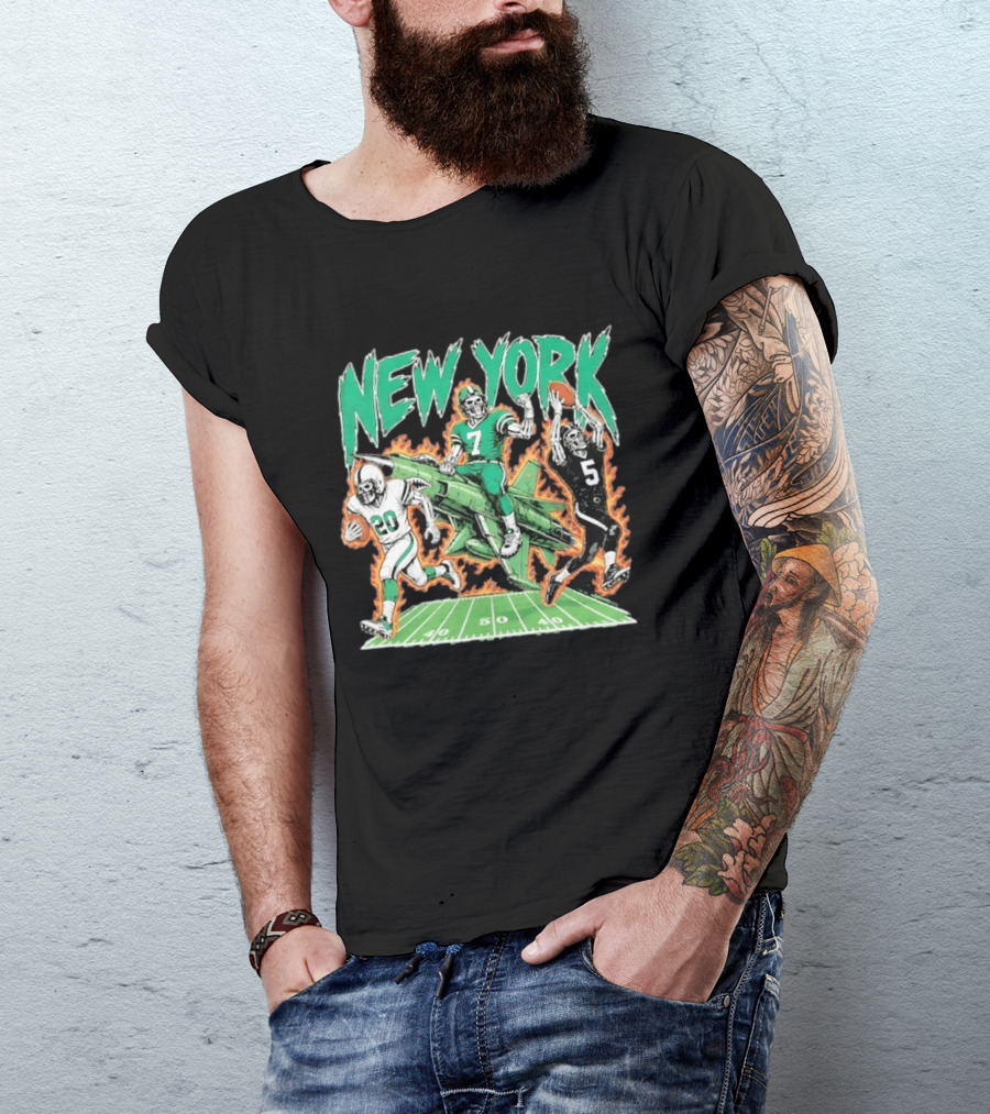 New York Jets Skeleton Football Players With Jet And Field T-Shirt