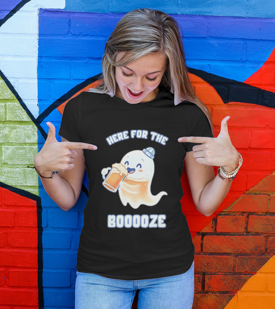 Here For The Booooze Ghost Drinking Beer Fun Halloween T-Shirt