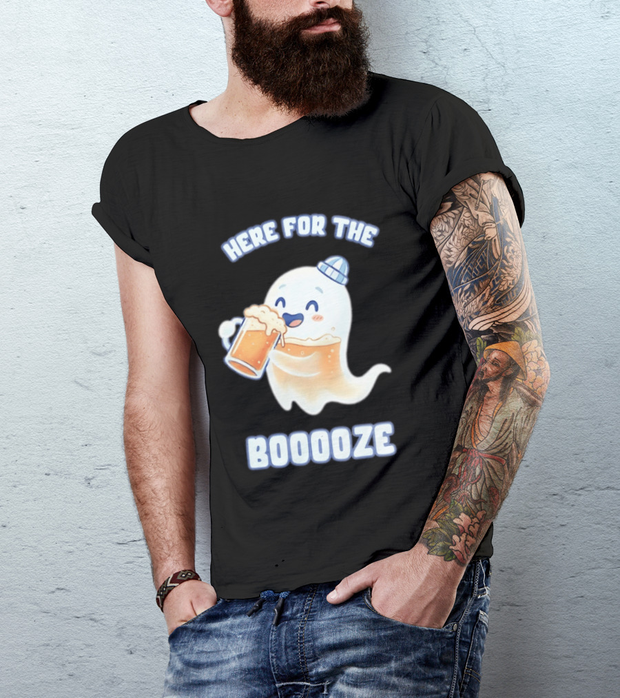 Here For The Booooze Ghost Drinking Beer Fun Halloween T-Shirt