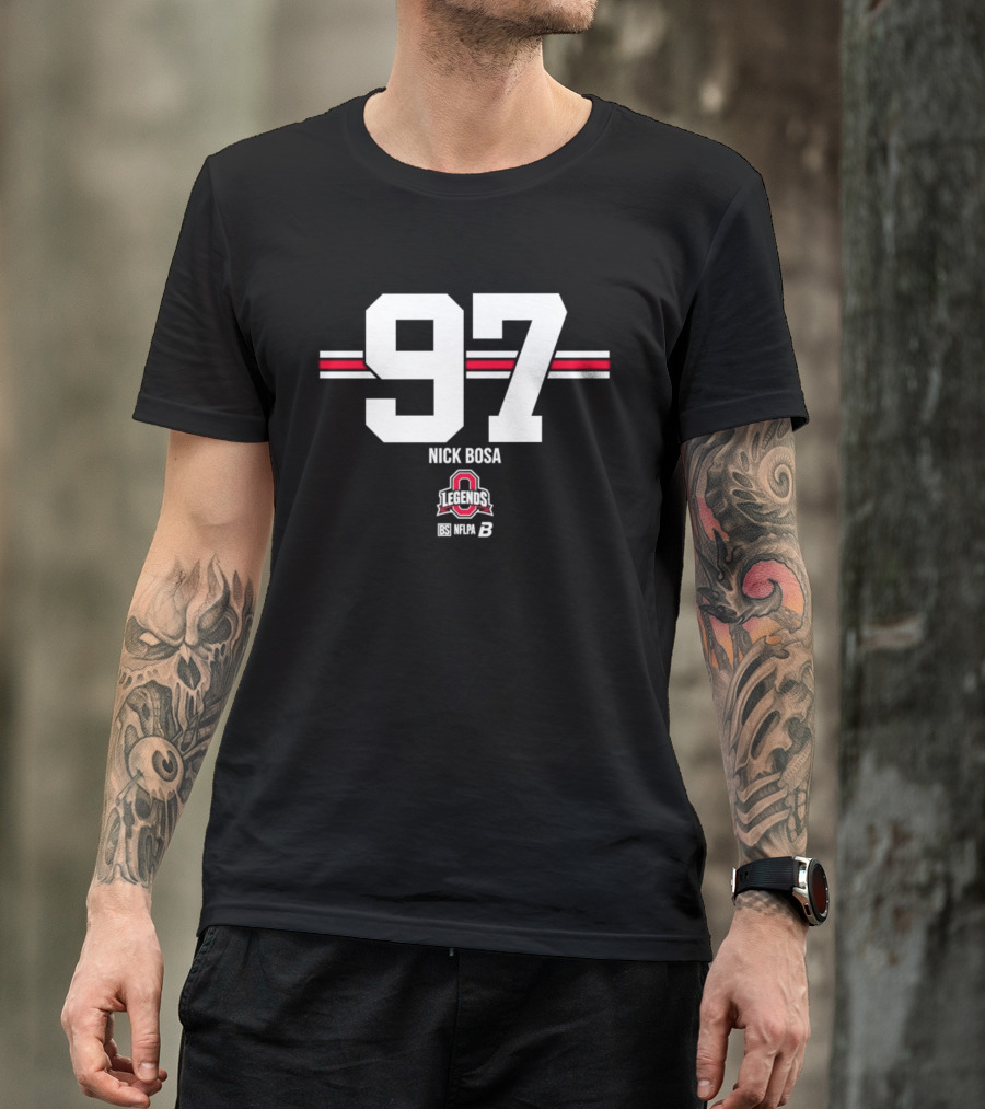 Ohio State Buckeyes Nick Bosa 97 Scarlet Gray Stripes T-Shirt