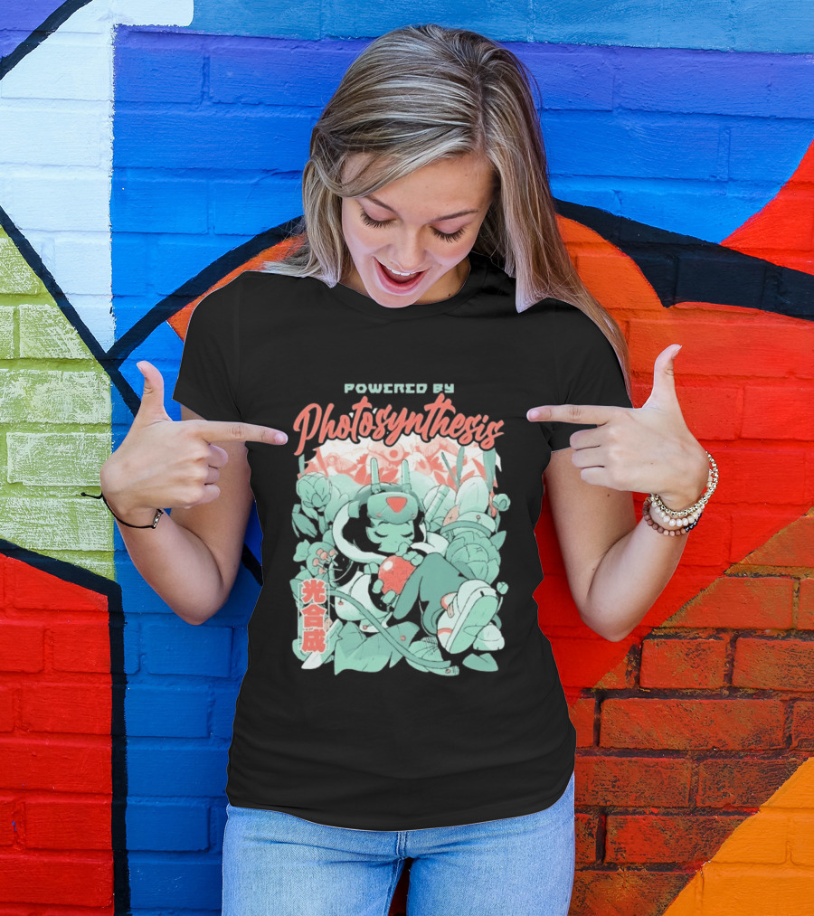 Powered By Photosynthesis Anime Kanji Characters And Cute Green Robot T-Shirt