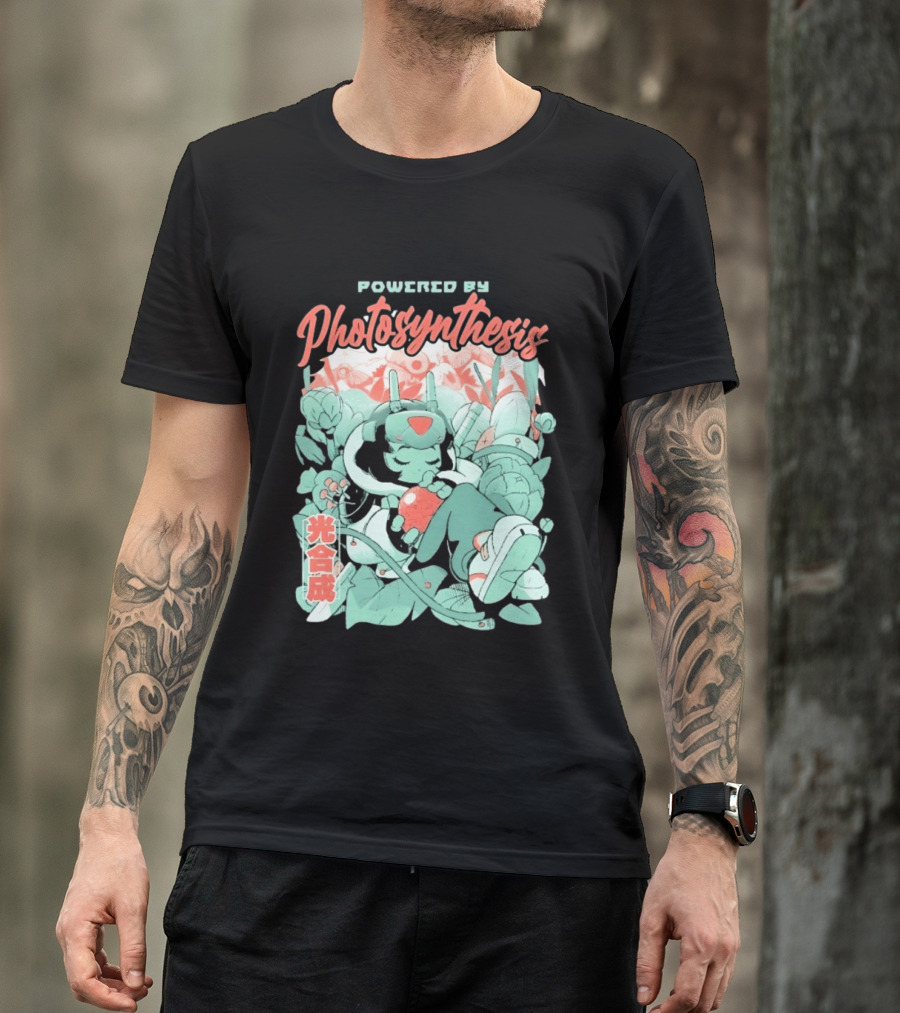 Powered By Photosynthesis Anime Kanji Characters And Cute Green Robot T-Shirt
