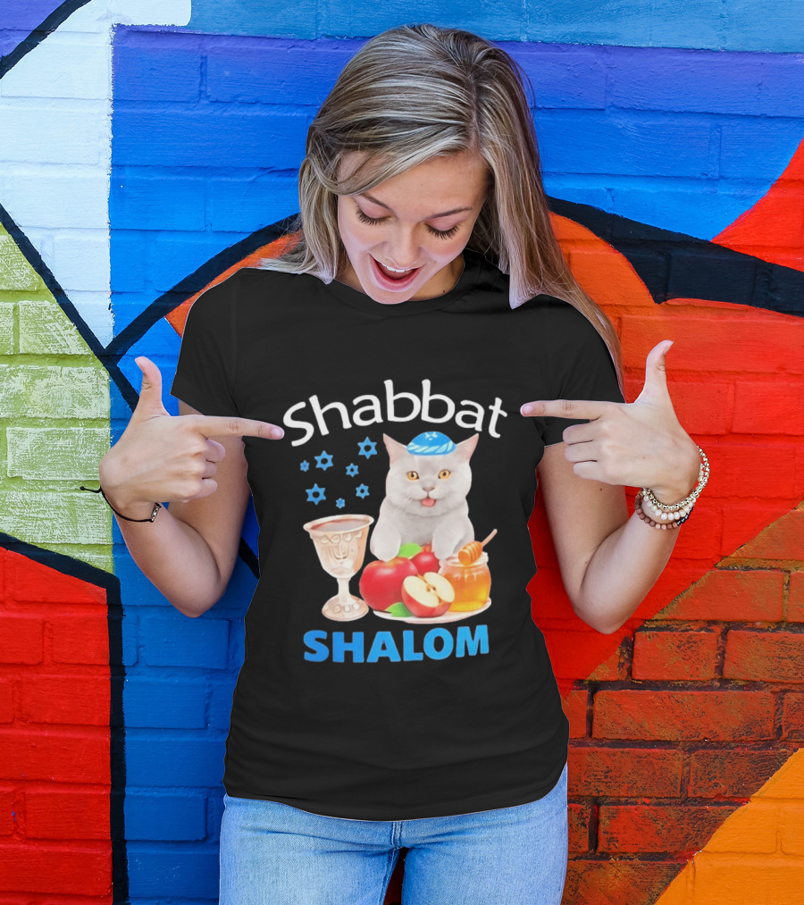 Shabbat Shalom Cat With Kippah Apples Honey And Wine Cup T-Shirt