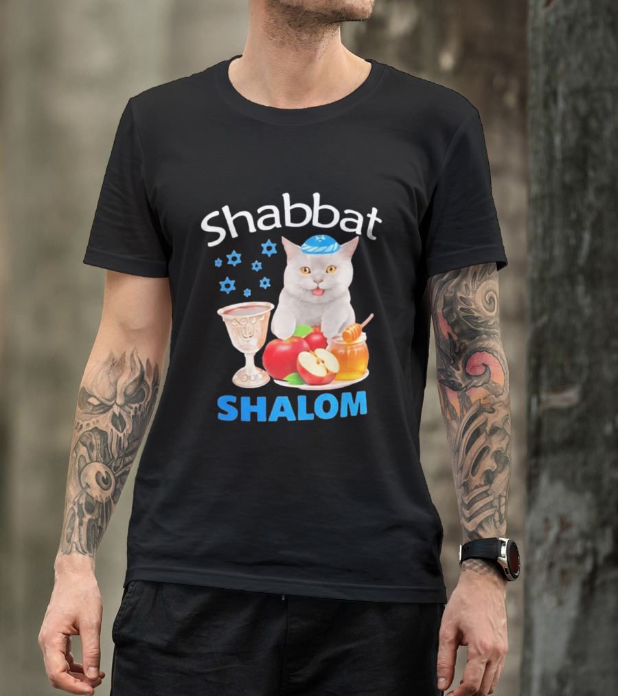 Shabbat Shalom Cat With Kippah Apples Honey And Wine Cup T-Shirt