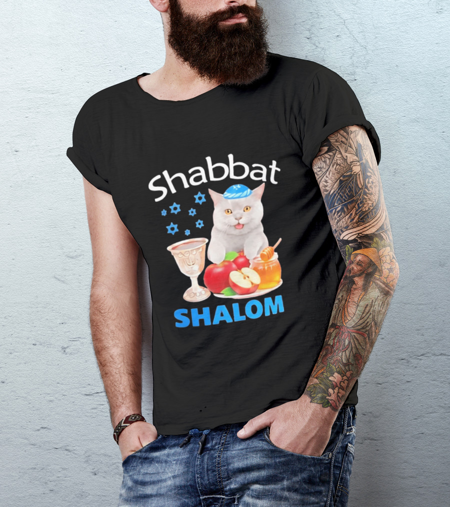 Shabbat Shalom Cat With Kippah Apples Honey And Wine Cup T-Shirt