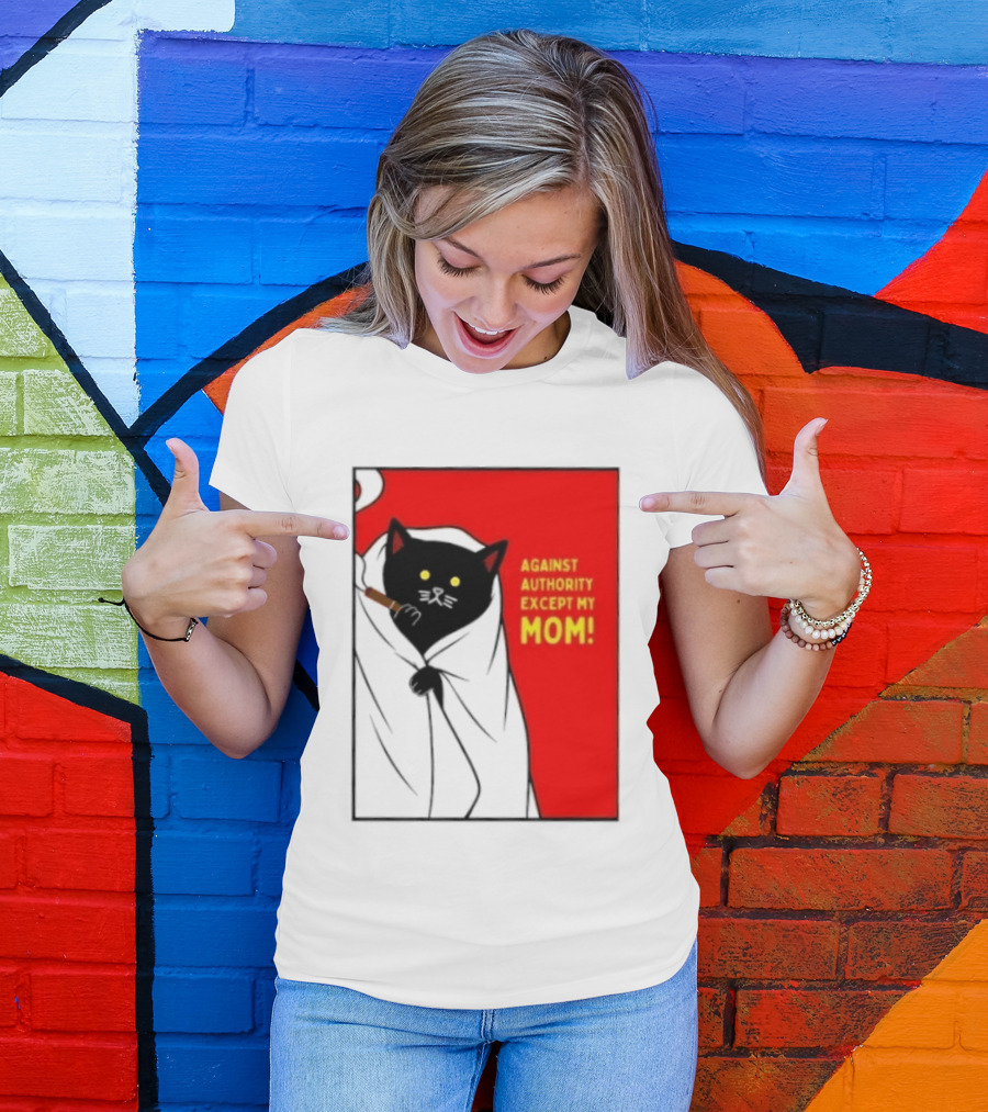 Black Cat Against Authority Except My Mom Smoking Cloaked Yellow Eyes Red T-Shirt