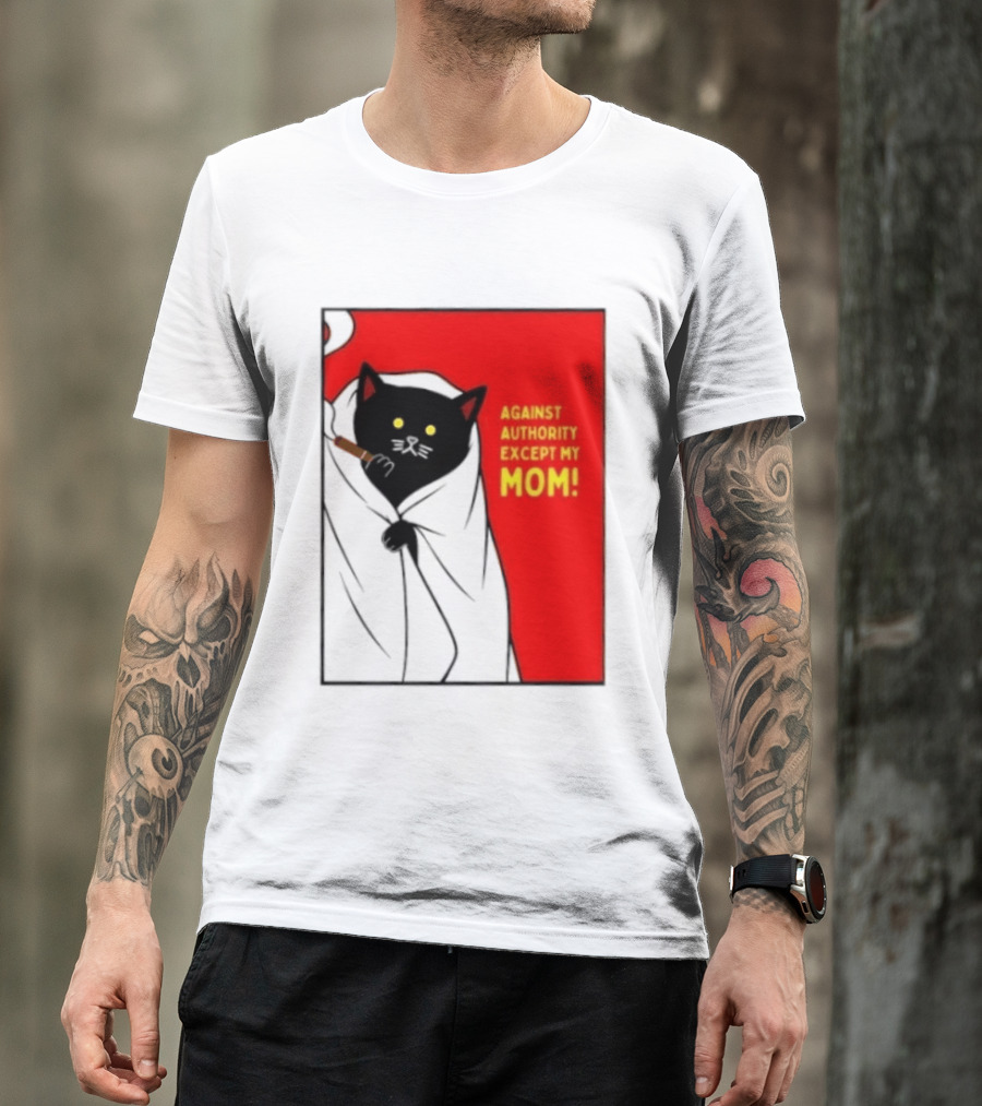 Black Cat Against Authority Except My Mom Smoking Cloaked Yellow Eyes Red T-Shirt