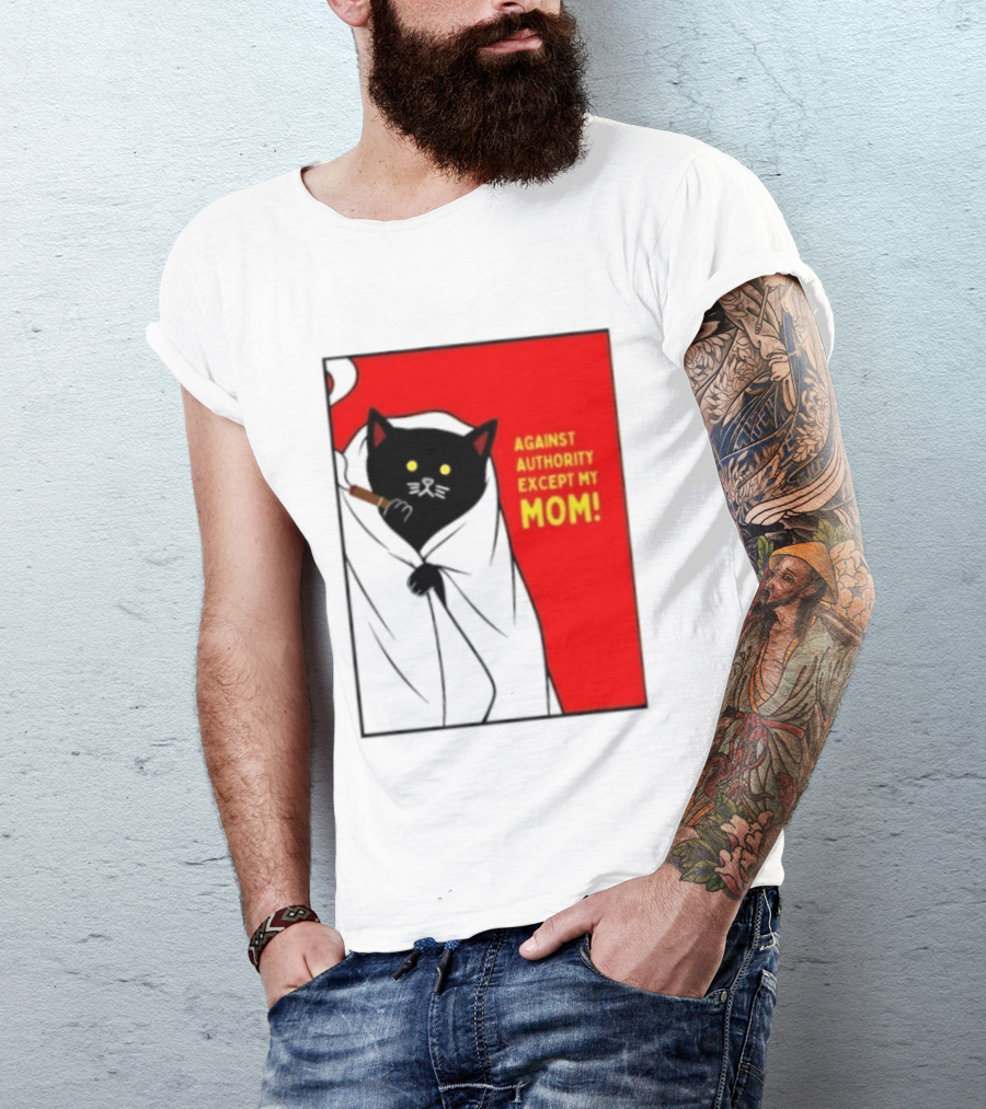 Black Cat Against Authority Except My Mom Smoking Cloaked Yellow Eyes Red T-Shirt