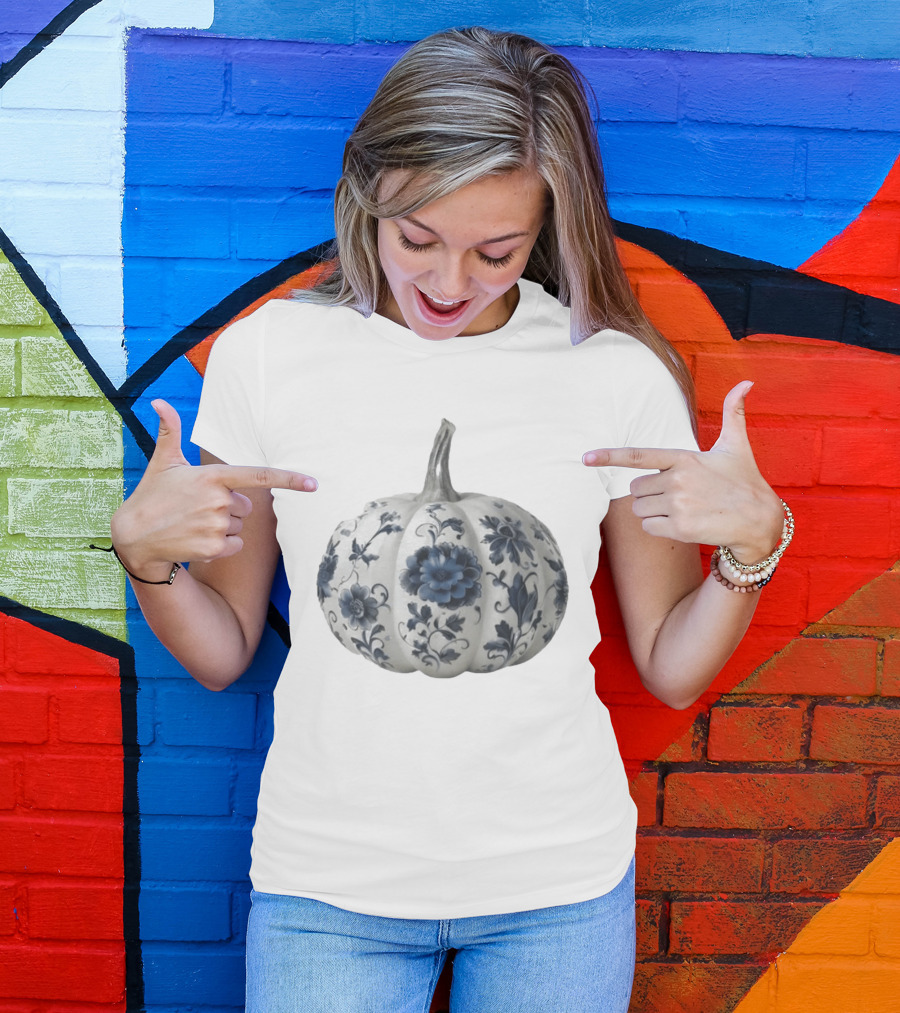Blue Floral Porcelain Pumpkin China Blue Pumpkin Decor T-Shirt