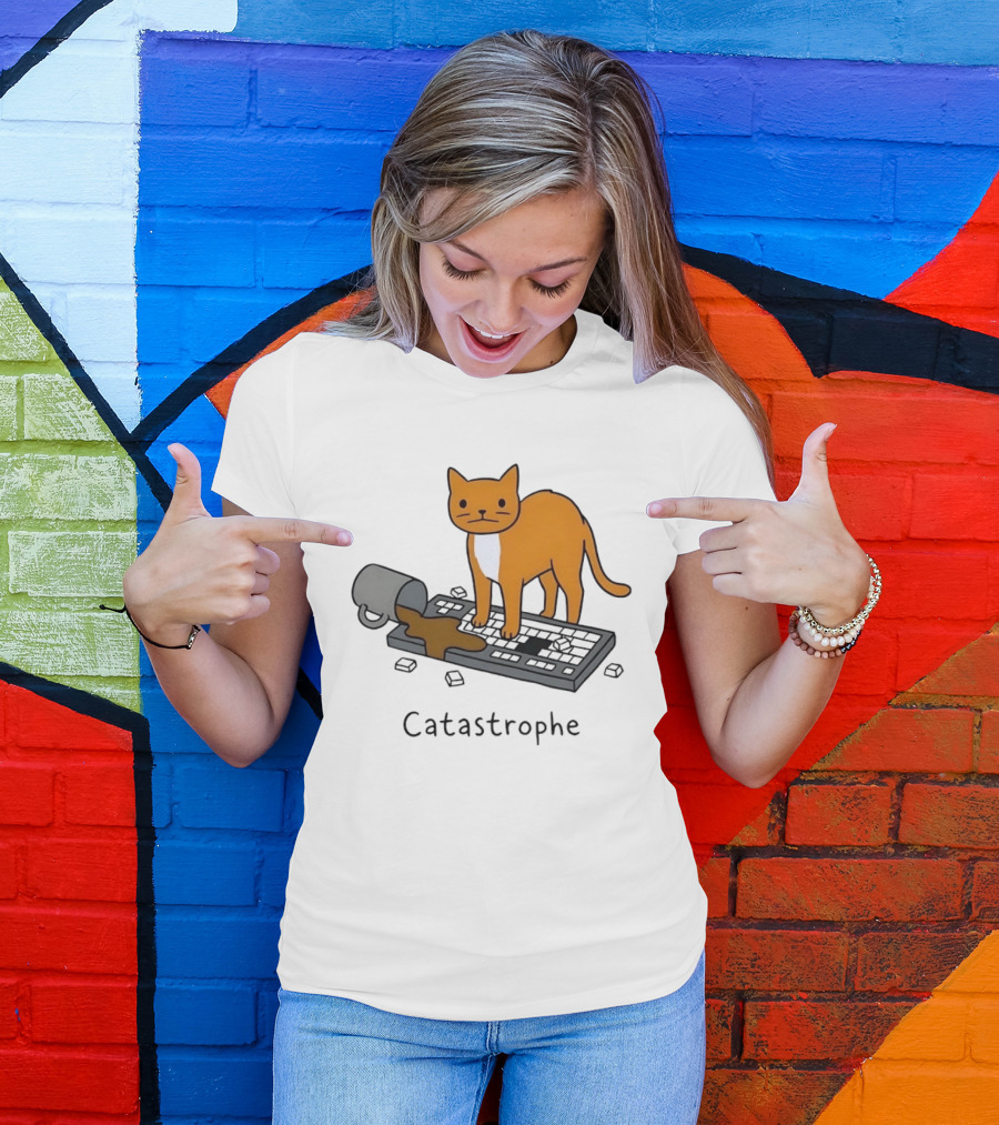 Catastrophe Orange Cat Spilling Coffee On Keyboard T-Shirt