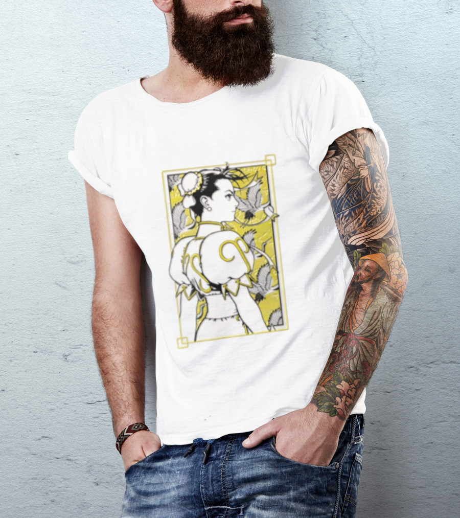 Chun Li Profile Flying Cranes Yellow Frame Line T-Shirt