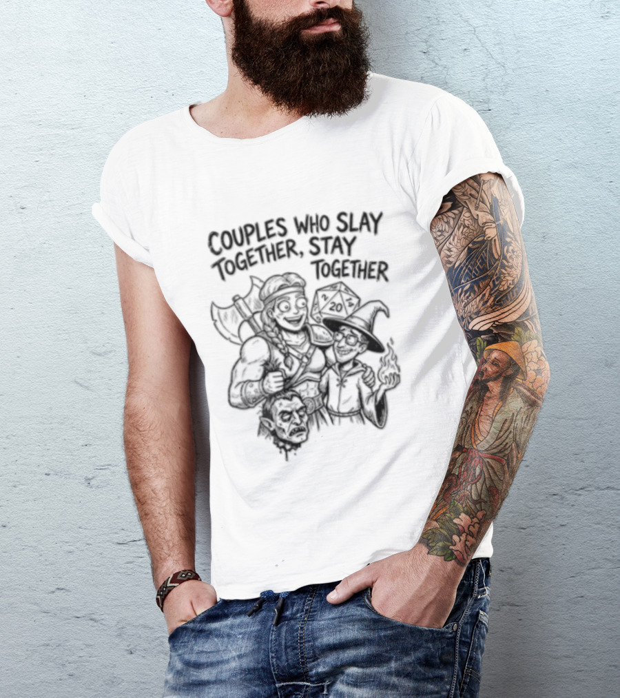 Couples Who Slay Together Stay Cartoon Barbarian Wizard D20 Orc Head T-Shirt