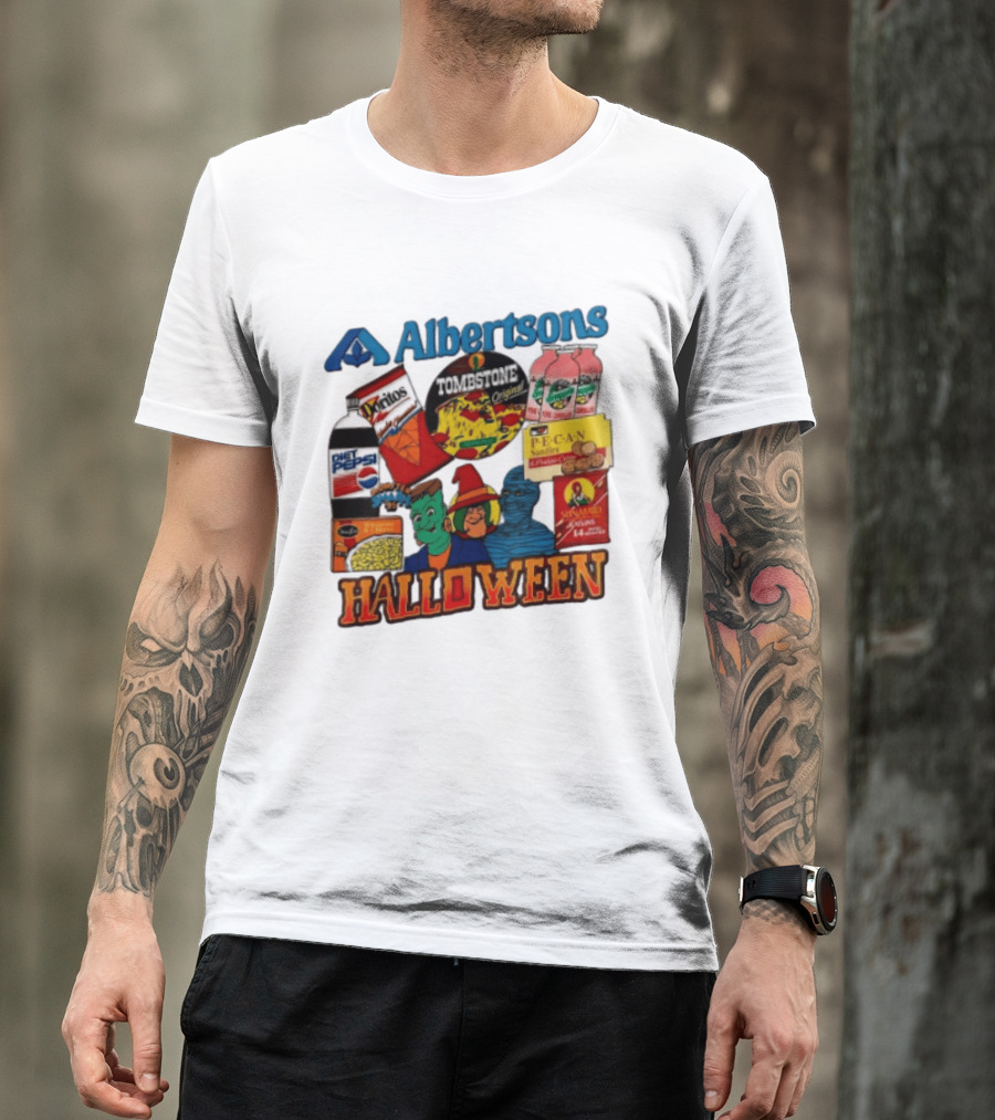 Albertsons Halloween Frankenstein Witch Mummy Featuring Diet Pepsi Doritos Tombstone Pizza T-Shirt