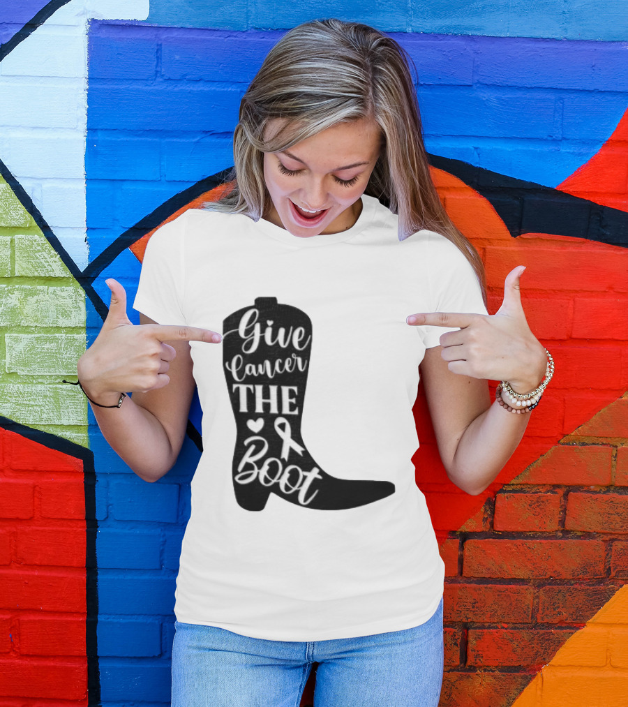 Give Cancer The Boot Awareness Ribbon Western Cowboy Boot T-Shirt