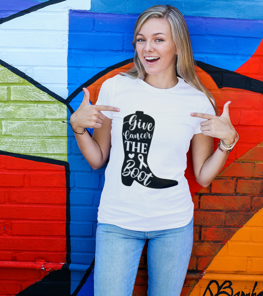 Give Cancer The Boot Awareness Ribbon Western Cowboy Boot T-Shirt