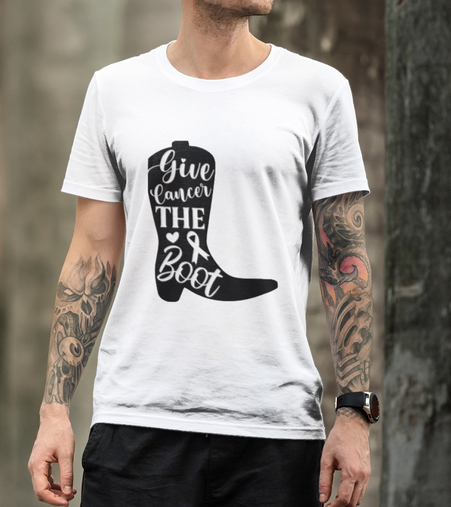 Give Cancer The Boot Awareness Ribbon Western Cowboy Boot T-Shirt