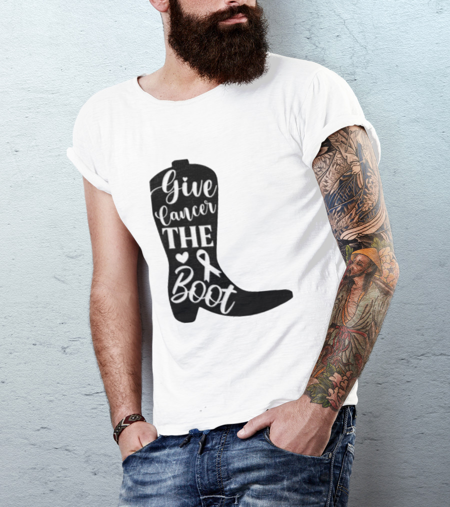 Give Cancer The Boot Awareness Ribbon Western Cowboy Boot T-Shirt