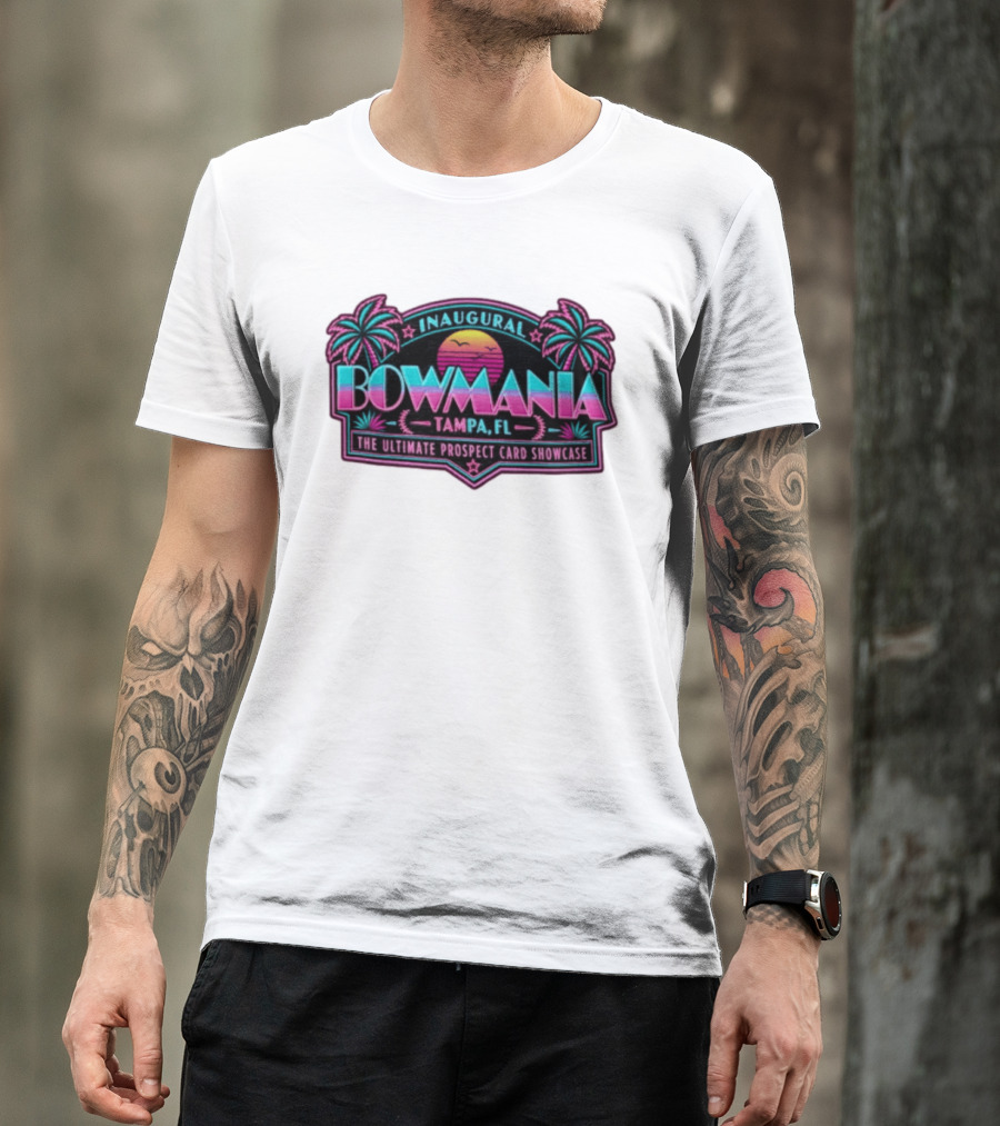Inaugural Bowmania Tampa FL The Ultimate Prospect Card Showcase Retro Sunset Palm Trees T-Shirt
