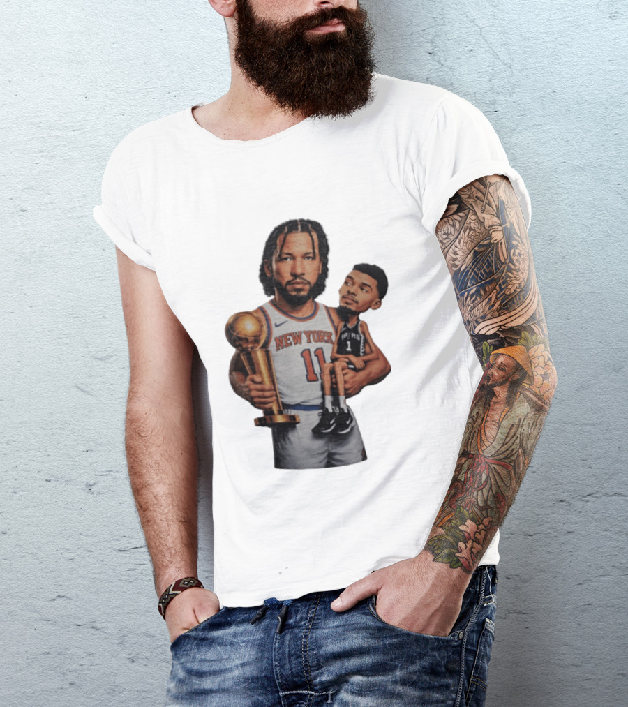 New York Knicks Jalen Brunson Embraces San Antonio Spurs Victor Wembanyama NBA Trophy T-Shirt