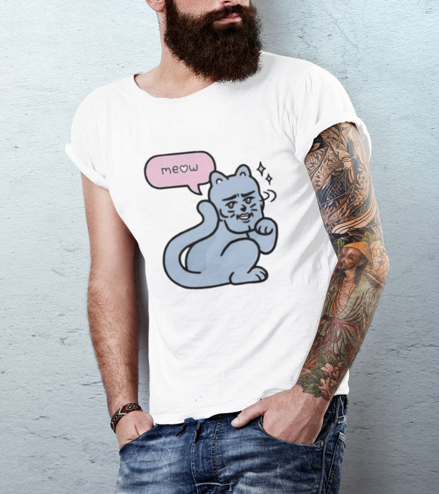 Meow Meme Cat With Human Face And Sparkles T-Shirt