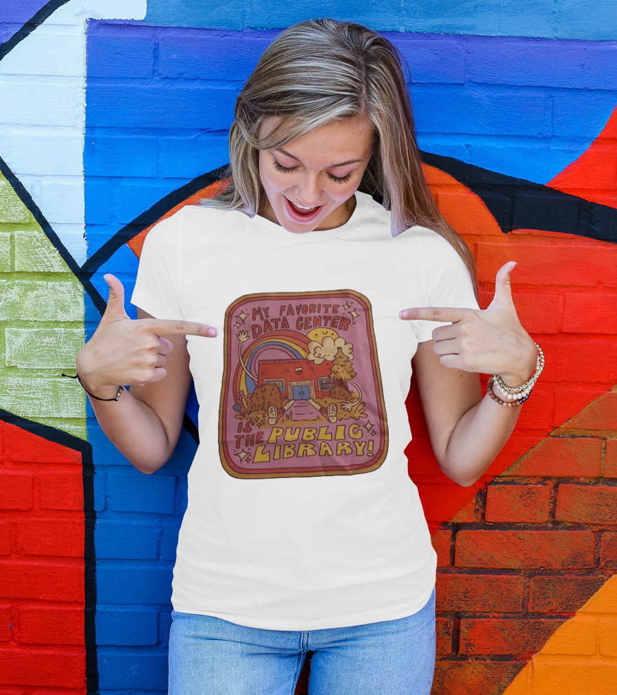 My Favorite Data Center Is The Public Library Rainbow Cartoon Library Scene T-Shirt