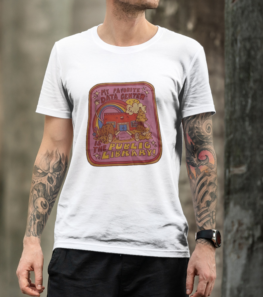 My Favorite Data Center Is The Public Library Rainbow Cartoon Library Scene T-Shirt