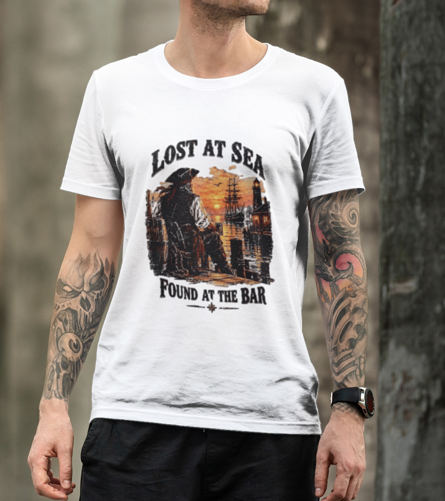 Lost At Sea Found At The Bar Pirate Sunset Tavern Lighthouse Nautical Adventure T-Shirt