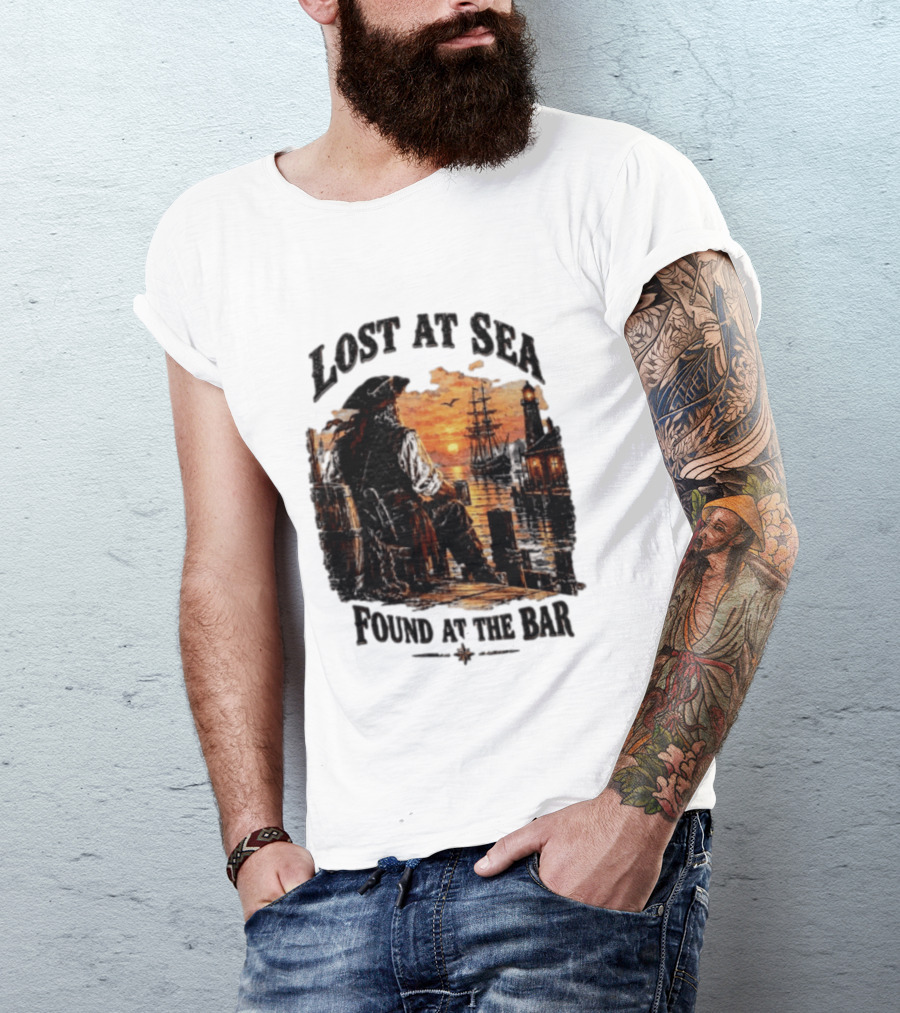 Lost At Sea Found At The Bar Pirate Sunset Tavern Lighthouse Nautical Adventure T-Shirt
