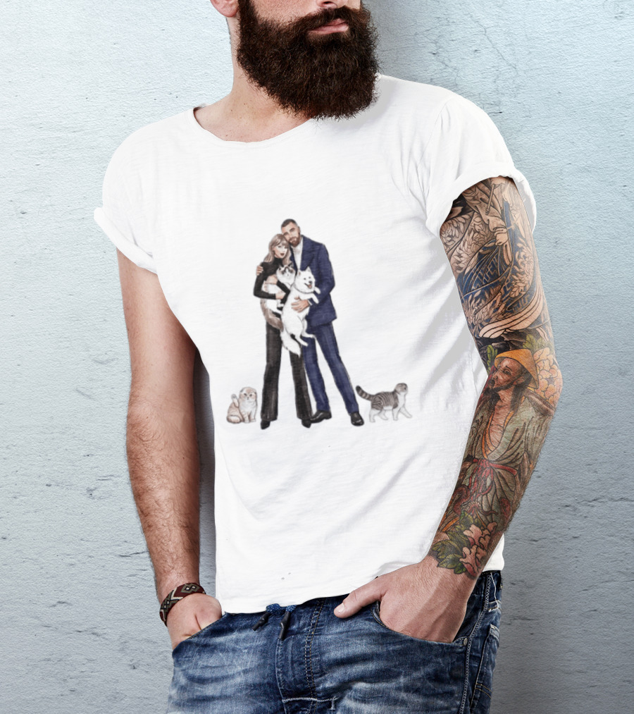 Kansas City Chiefs Couple Taylor Travis Kelce With Cats And Dog T-Shirt