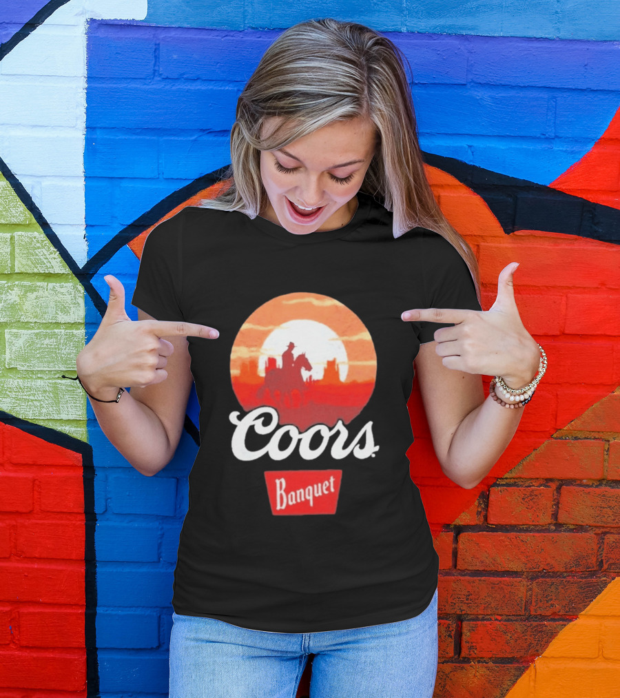 Coors Banquet Cowboy Horseback Riding At Sunset Western Scene T-Shirt