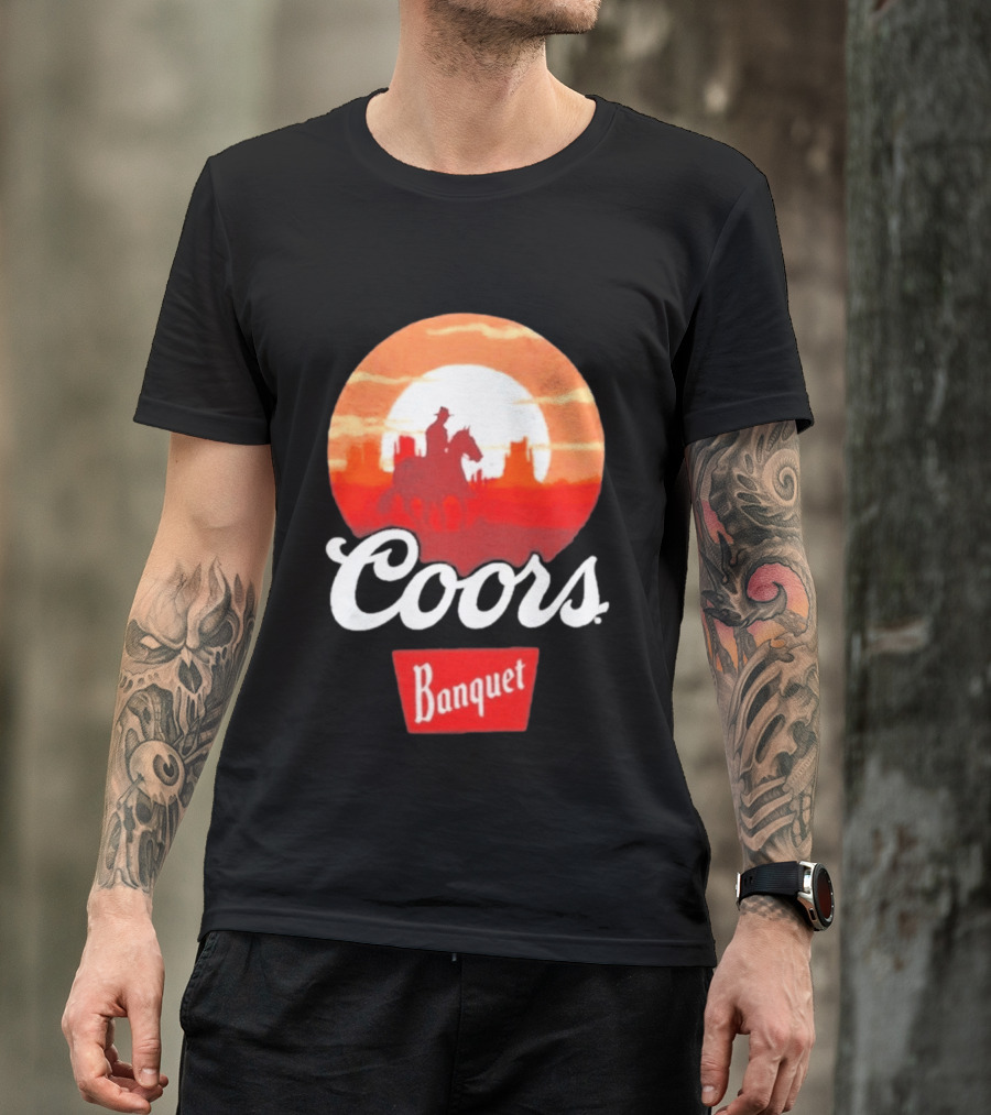 Coors Banquet Cowboy Horseback Riding At Sunset Western Scene T-Shirt