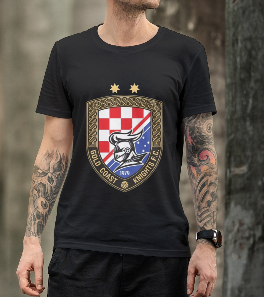 Gold Coast Knights F.C. 1979 Crest With Chessboard Pattern And Knight Helmet T-Shirt