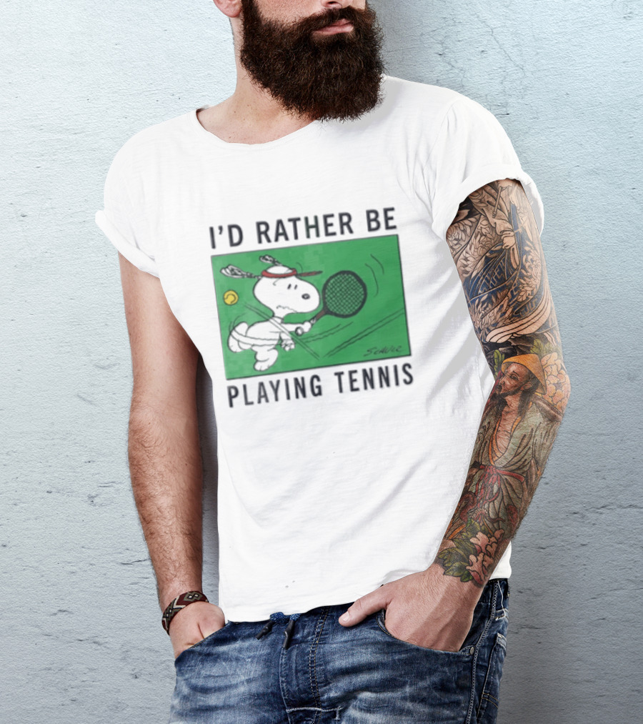 I'd Rather Be Playing Tennis Peanuts Snoopy Racquet Cartoon Green Court Schulz T-Shirt