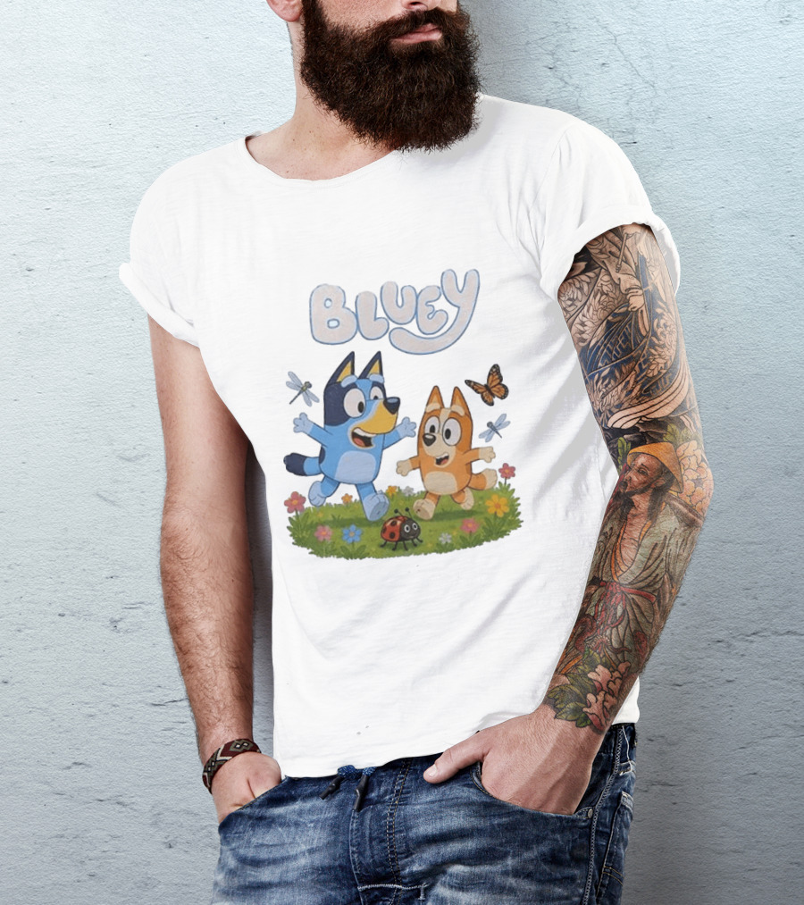 Bluey And Friends Playing With Bugs And Butterflies In The Meadow T-Shirt