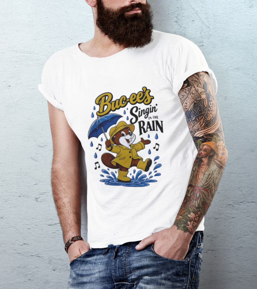 Buc Ee's Singin In The Rain Umbrella Beaver Cheerful Splash T-Shirt